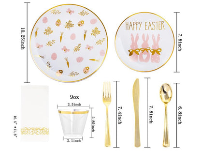 Morejoy 175pcs Easter Plastic Plates,Bunny Plates,Easter White & Pink Plates Disposable include 25Dinner Plates,25 Salad Plates,25 Cups,25 Forks,25 Knives,25 Spoons,25 Napkins Perfect for Party