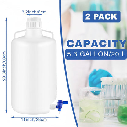 Maxdot 2 Pcs 5.3 Gallon Plastic Dispenser Carboy with Spigot Leak-Proof, Durable Hdpe, Plastic 20l Reusable Liquid Storage Solution for Lab, Pharmaceutical, and Industrial Use