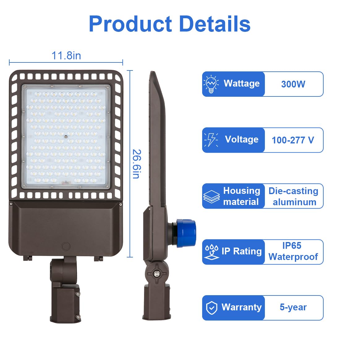 Juyace 300W LED Parking Lot Light with Slip Fitter Mount Pole Flood 5000K IP65 Waterproof Commercial Street Dusk to Dawn Photocell Lighting 100-277V