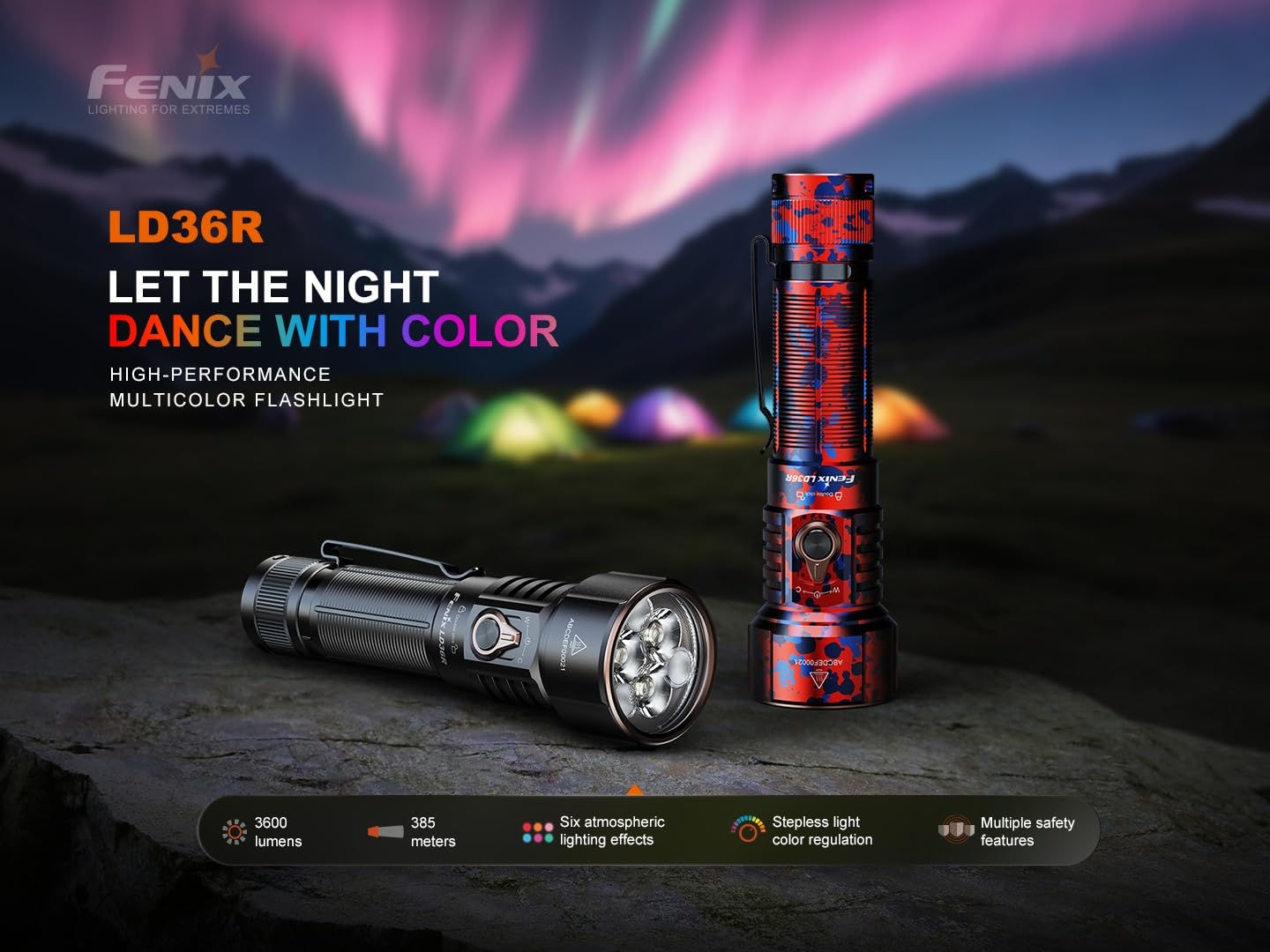 Fenix LD36R 3600 Lumens Rechargeable Flashlight, USB-C Fast Charging with 6 RGB Presets & Continuously Adjustable Color Output (Black)