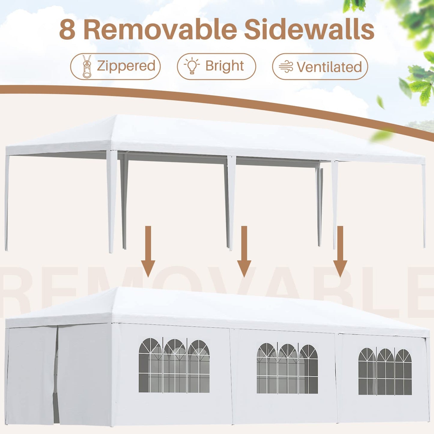 Greesum 10x30 Outdoor Canopy with with 6 Side Removable Walls, Upgrade Patio Camping Heavy Duty Gazebo Shelter for Party Wedding BBQ Events, Waterproof Tent, White