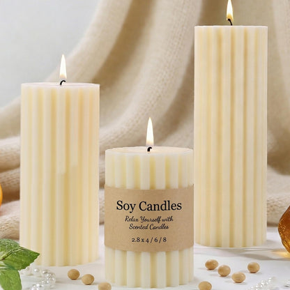 Ribbed Soy Pillar Candles Set of 3, Cashmere Amber Scented, Natural Soy Wax, 266 Hour Long Burning, 2.8x4/6/8 inch Large Pillar Candles for Home Decor, Relaxation, Bathroom, Living Room