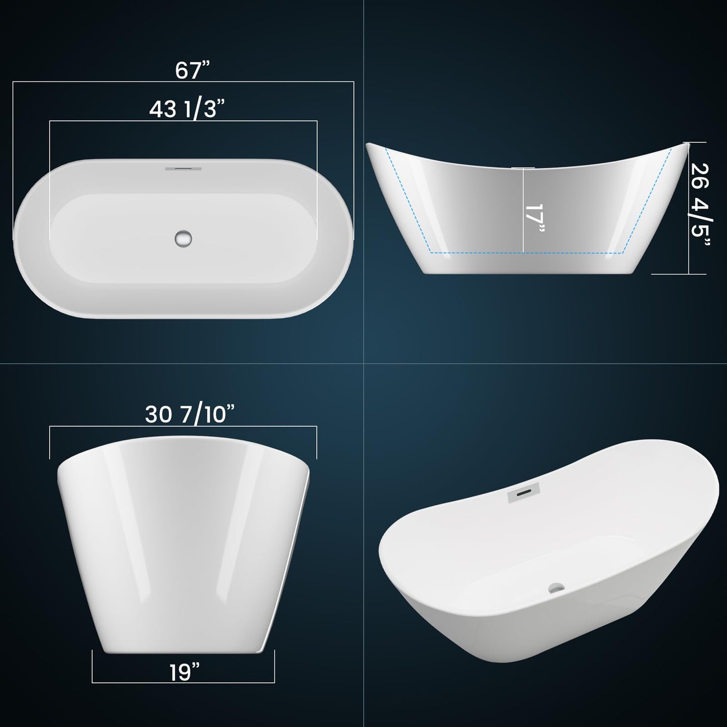 67" Acrylic Freestanding Bathtub, Contemporary Double-Walled Insulated Soaking Tub with Anti-Clog Drain & Overflow, cUPC Certified Heavy-Duty Resin Reinforcement, White