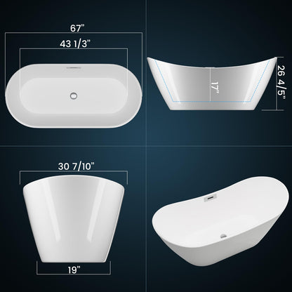 67" Acrylic Freestanding Bathtub, Contemporary Double-Walled Insulated Soaking Tub with Anti-Clog Drain & Overflow, cUPC Certified Heavy-Duty Resin Reinforcement, White