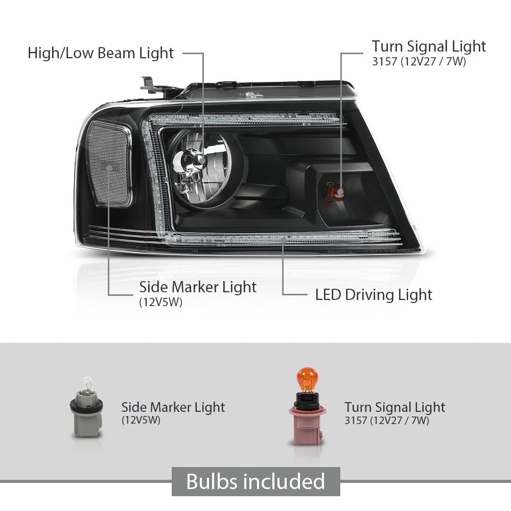 LED DRL Headlight Assembly Front Headlamp,Compatible with Ford F150 2004-2008,Fit Lincoln Mark LT 2006-2008,NOT Fit 2004 F150 Heritage/Flareside Beds Models,Clear Lens Black Housing Clear Reflector