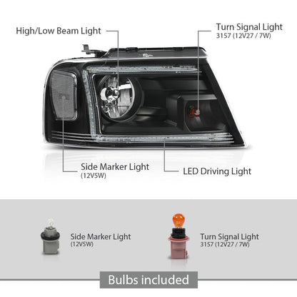 LED DRL Headlight Assembly Front Headlamp,Compatible with Ford F150 2004-2008,Fit Lincoln Mark LT 2006-2008,NOT Fit 2004 F150 Heritage/Flareside Beds Models,Clear Lens Black Housing Clear Reflector