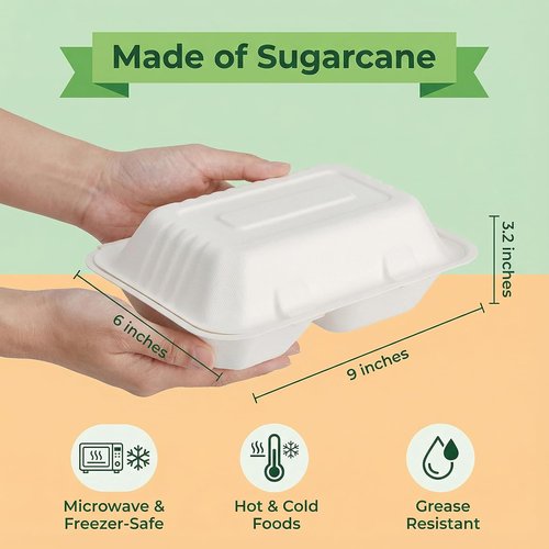 Elsjoy 90-Pack Compostable Clamshell Take Out Containers - 2-Compartment, 9" x 6", Microwave Safe