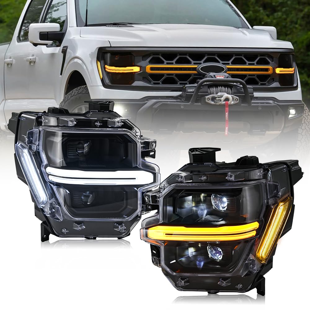 COOLCMP Projector Headlights for F150 2024-2026 14th Gen F-150 Frontlights Head Lamp with Start-Up Animation Switchable White/Amber DRL Sequential Turn Signal, Only Fit Base Models[XL STX XLT Tremor]
