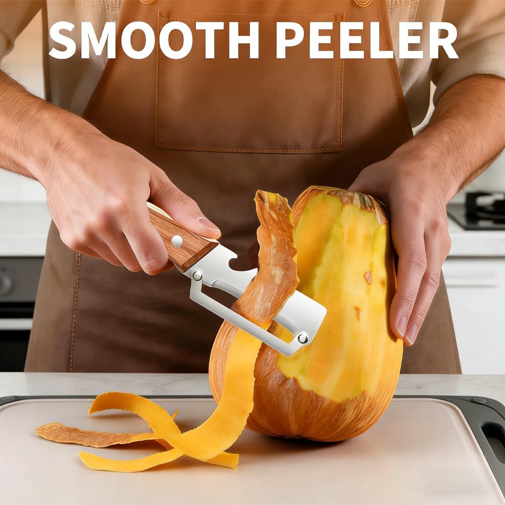 Skiennix Multi-Functional Vegetable Peeler - 2-in-1 Stainless Steel with Wooden Handle & Bottle Opener | 2 Pack