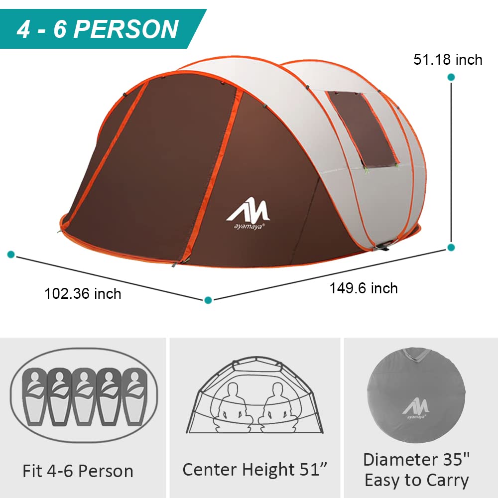 AYAMAYA Pop Up Tent 6 Person Easy Pop Up Tents for Camping with Vestibule, Double Layer Waterproof Instant Setup Popup Tent Big Family Camping Tents Beach Pop-up Tent Space for 2/3/4/5/6 People Man