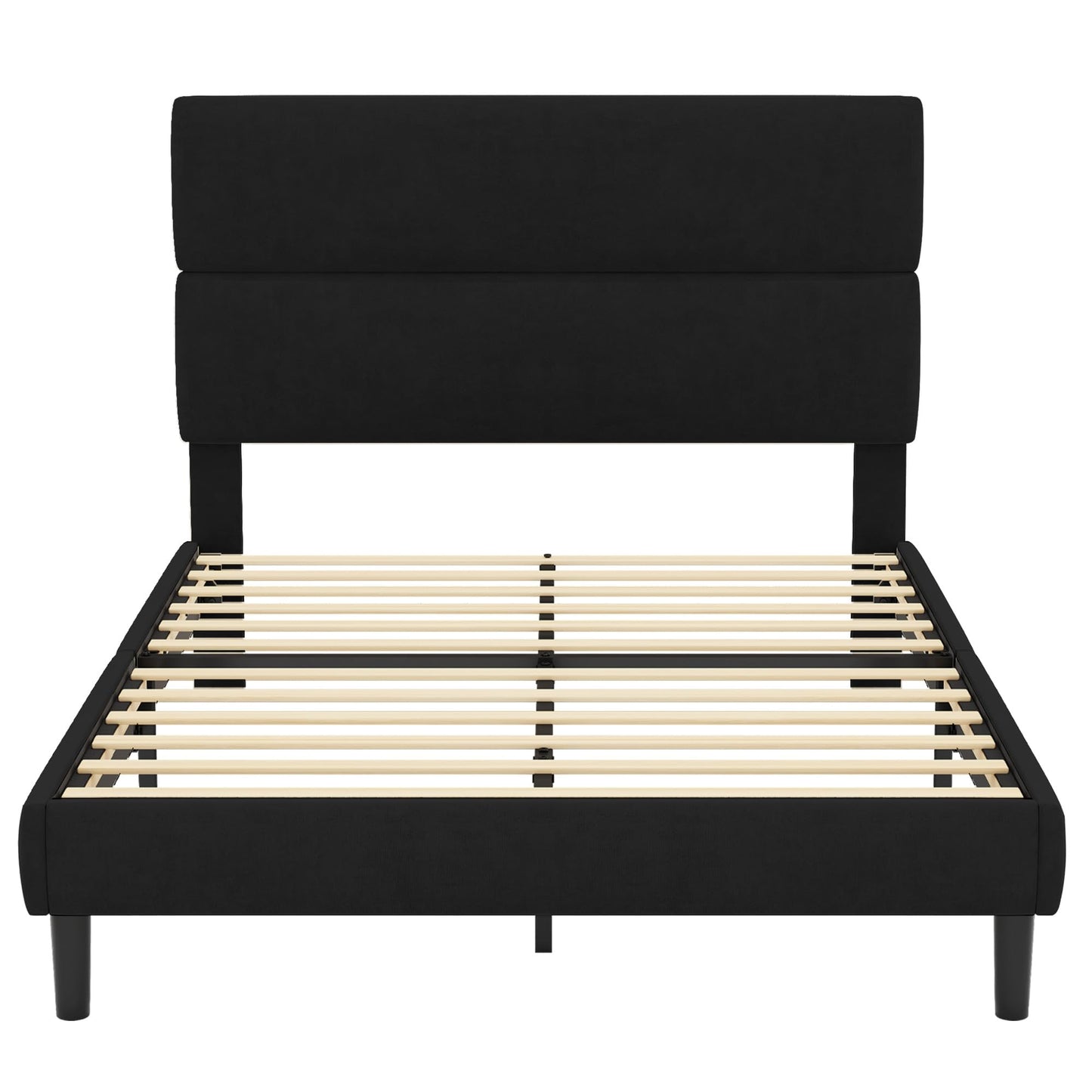 GRUSIGN Full Size Platform Bed Frame with Velvet Headboard, Adjustable Height Wooden Slats Support, Upholstered Mattress Foundation, Fits Mattress or Mattress with Box Spring, Easy Assembly, Black