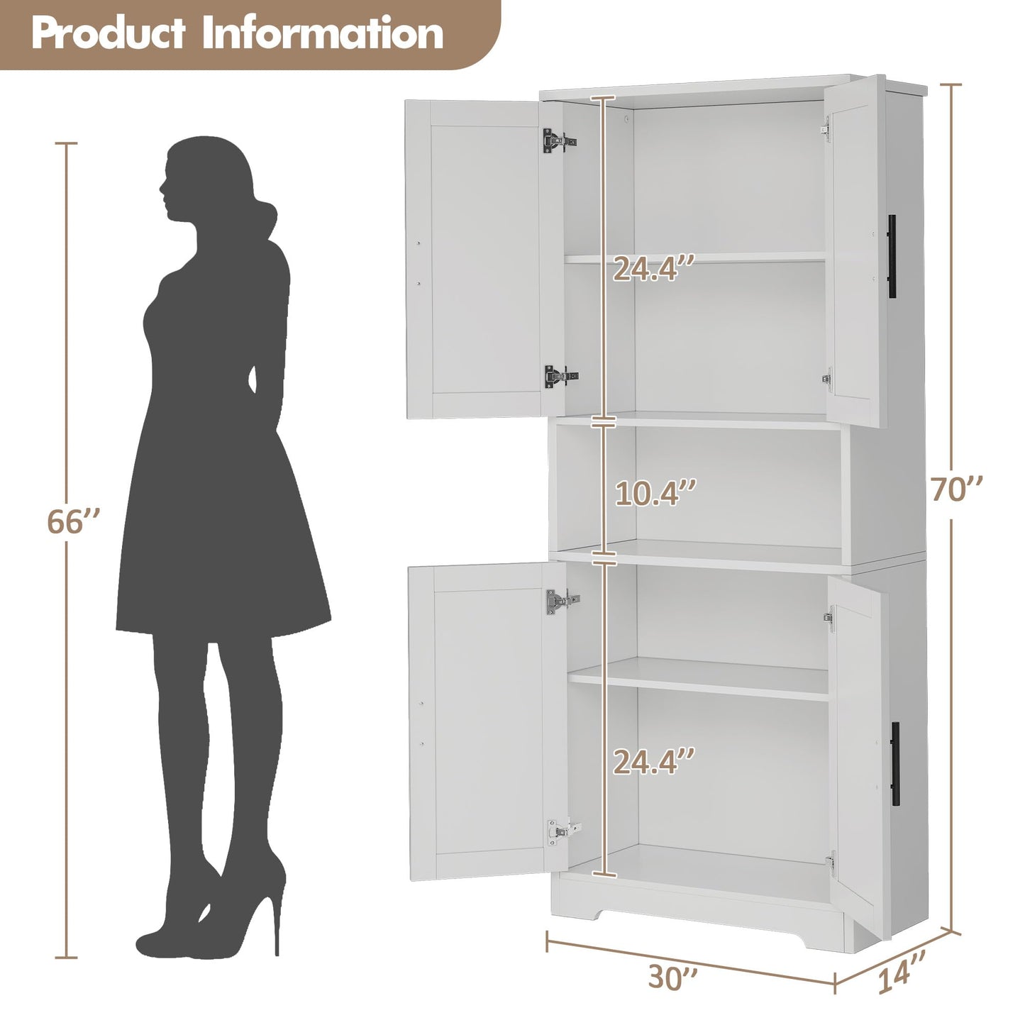 GarveeHome 70in Tall Kitchen Pantry Cabinet, Storage Cabinet with Doors and Adjustable Shelves, Freestanding Cupboard for Living Room, Dining Room, Bathroom, White