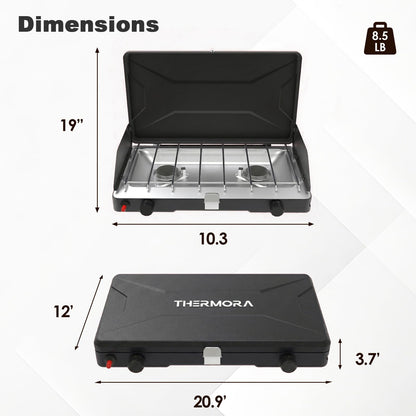 Portable Camping Stove, Propane Gas Camping Cooktop, 2 Burner, 20000 BTUs, Windscreen, Instant Ignition with Adjustable Burners Pressure Regulator for Camping Cooker BBQ Tailgating RV (Black)