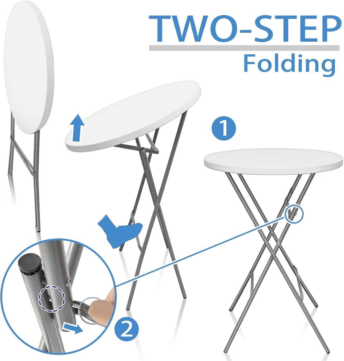 HiEthan 32in Cocktail Table, Plastic Folding Round High Top Indoor Outdoor Use, Foldable Bar Height Table for Parties and Commercial Events (White, 2 Pcs)