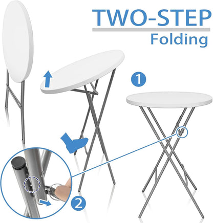 HiEthan 32in Cocktail Table, Plastic Folding Round High Top Indoor Outdoor Use, Foldable Bar Height Table for Parties and Commercial Events (White, 2 Pcs)