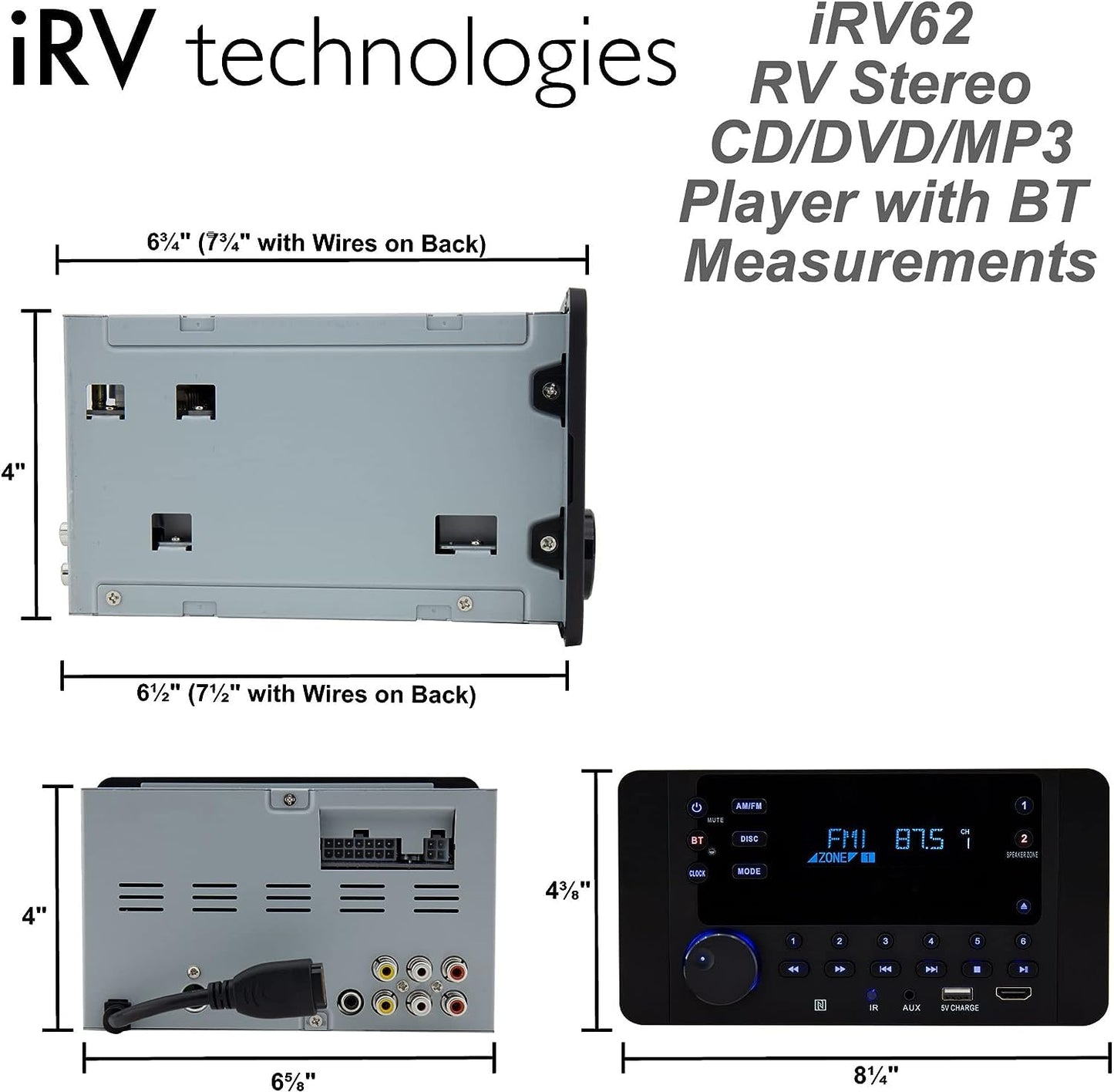 iRV62 2 Zones Wall Mount RV Stereo - 4-Speaker Output, DVD/CD/MP4 Player, HDMI ARC & CEC, NFC Bluetooth, App Control, Digital Surround Sound Entertainment Hub for Trailers