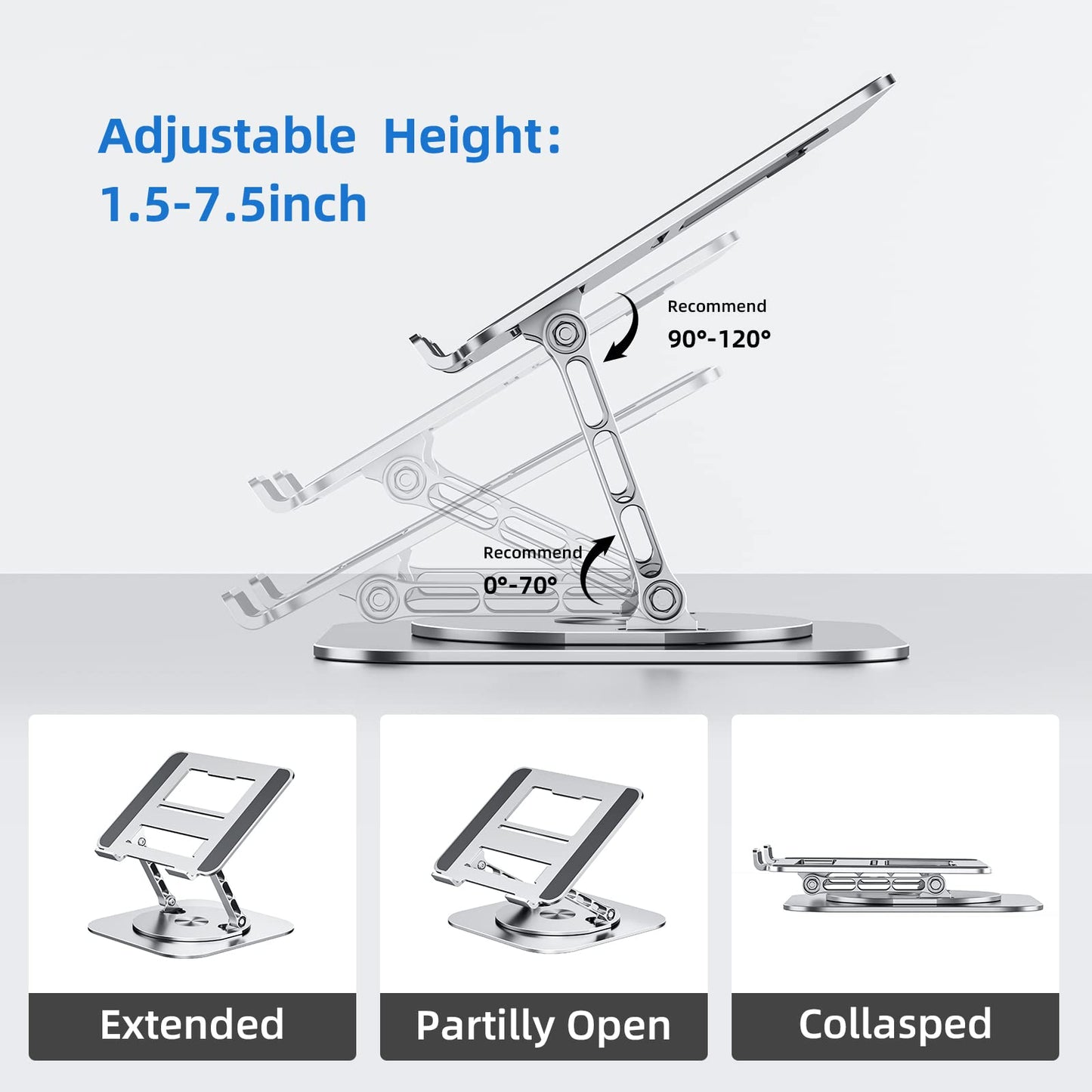 MCHOSE Adjustable Laptop Stand for Desk, Ergonomic Laptop Riser with 360° Rotating Base, Foldable Notebook Computer Holder Stand Compatible with MacBook Air Pro, Dell XPS, More 10-15" Laptops, Silver