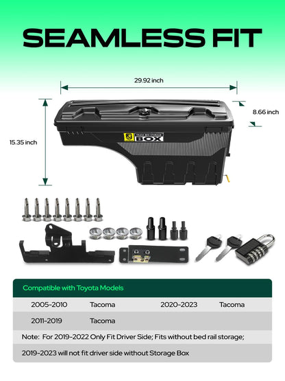 YHTAUTO Truck Bed Storage Tool Box Lockable Compatible with Toyota Tacoma 2005-2023, Passenger Side, 2019-2023 with Storage Box, Swing Waterproof Wheel Well Toolbox