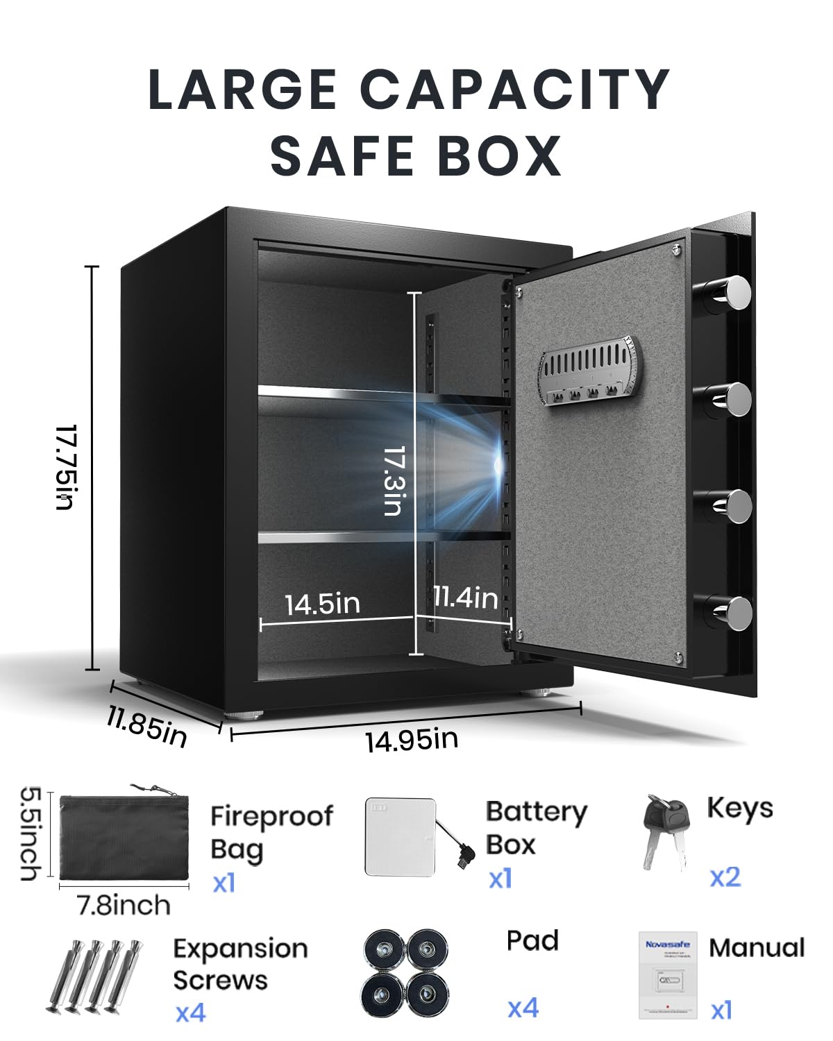 Safe Box, Home Safe with Key & Fireproof Waterproof Bag, Money Safe for Cash Office Cabinet, Anti-Theft Safety Box, Digital Electronic Keypad, Dual Alarm System - 2.0 Cubic Feet