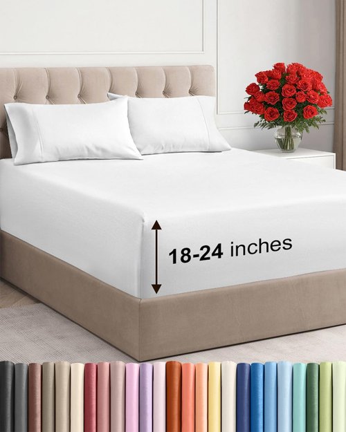 Extra Deep King Sheet Set by Comfy Hotel - 4-Piece Breathable Cooling Bed Sheets - Fits 18-24 Inch Mattresses - Ultra Soft, Wrinkle & Fade Resistant - Luxurious White Bedding