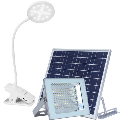 SUNLONG Indoor/Outdoor Lighting Bundle - Rechargeable Clip-On Reading Light with 3 Color Modes + Solar Flood Security Light with 16.4Ft Cable, Waterproof LED Lights for Bedroom, Desk, Yard, Courtyard