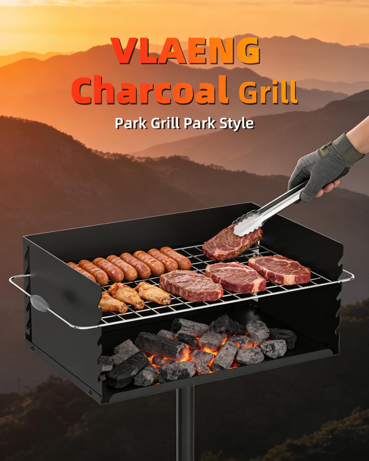 Charcoal Grill, Park Style Charcoal Grill, 30" x 17" Heavy Duty BBQ Grill Charcoal, Adjustable Single Post Barbeque Grill for Camping, Outdoor Cooking, Backyard, Patio, Camp Grilling Barbecues Cookout