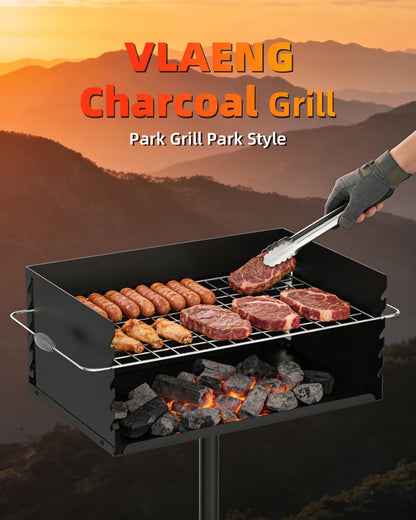 Charcoal Grill, Park Style Charcoal Grill, 30" x 17" Heavy Duty BBQ Grill Charcoal, Adjustable Single Post Barbeque Grill for Camping, Outdoor Cooking, Backyard, Patio, Camp Grilling Barbecues Cookout