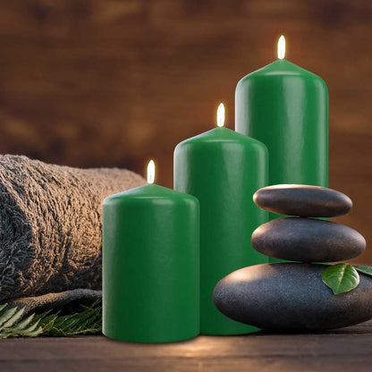 Bask Cone Top Pillar Candles - Elegant Green Candles - Set of 3 Green Pillar Candles - 3"x4", 3"x6", and 3" x8 - Smokeless and Dripless Decorative Candles for Home Decor and Relaxation