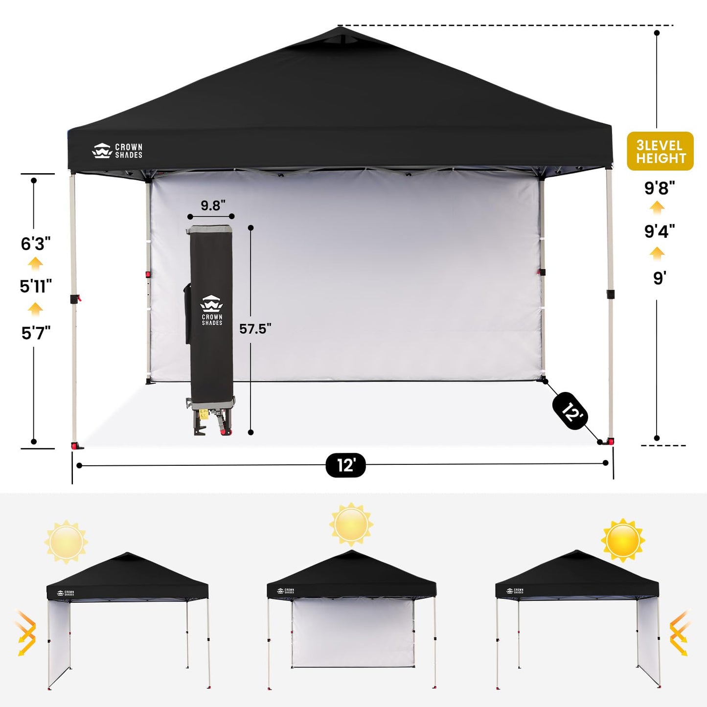 CROWN SHADES Pop Up Canopy with 1 Side Wall - Beach Tent with One Push Setup - Outdoor Sun Shade for Events, Parties, Camping - Gazebo with STO-N-Go Cover Bag, Black, 12x12FT