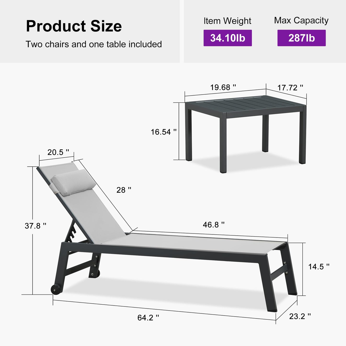 PURPLE LEAF Outdoor Lounge Chair Set of 3 Patio Chaise Pool Lounger Aluminum Frame with Side Table and Wheels for Outside Sunbathing Tanning Recliner Including Pillows White
