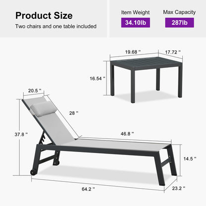 PURPLE LEAF Outdoor Lounge Chair Set of 3 Patio Chaise Pool Lounger Aluminum Frame with Side Table and Wheels for Outside Sunbathing Tanning Recliner Including Pillows White