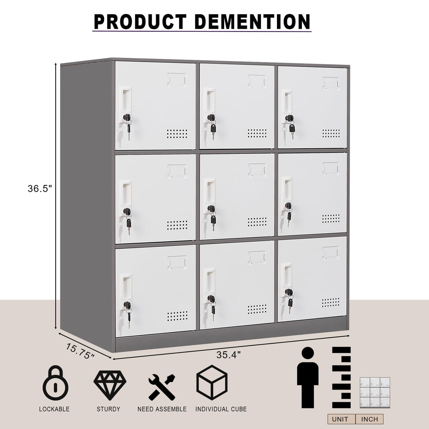 FURSTEL Student Locker Organizer, Multi-Door Steel Locker, Small Locking Cabinet Storage Organizer, Office File Cabinet, Home Locker, Gym Locker, Metal Storage Locker (9 Door, Grey & White)