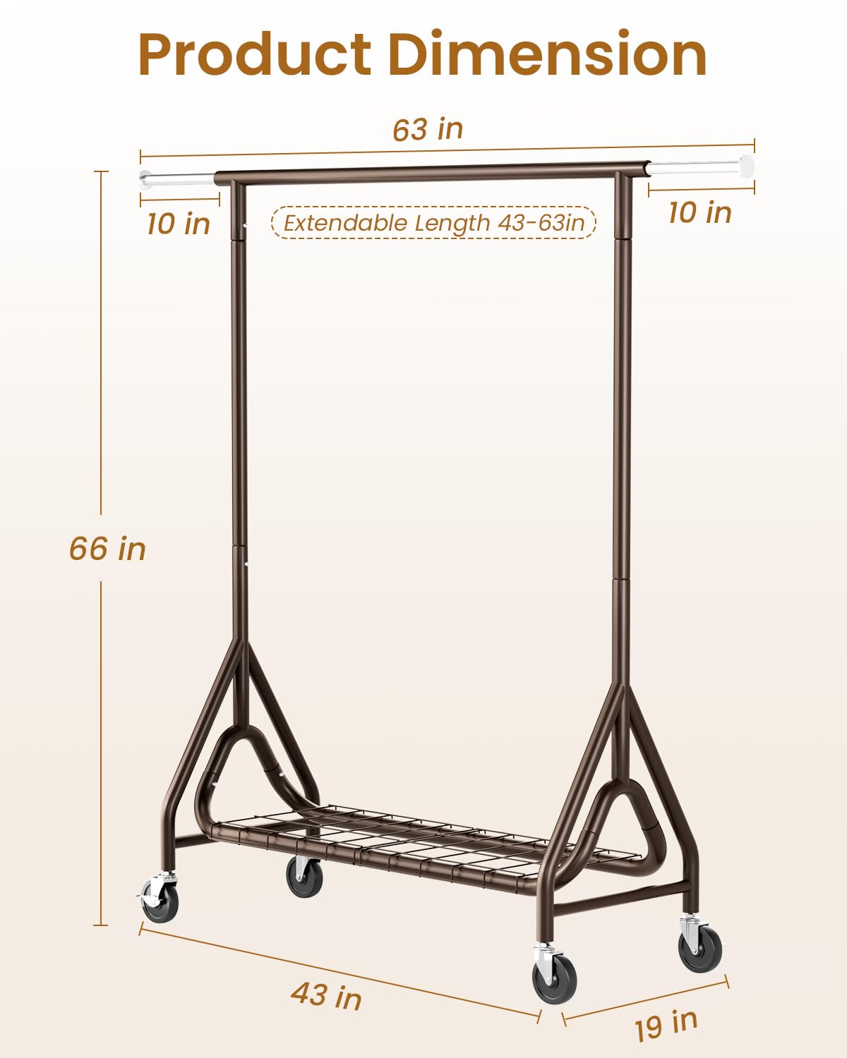 JIEJIERUI Heavy Duty Clothing Rack, Metal Clothes Rack Load 450 LBS, Rolling Coat Racks for Hanging Clothes with Lockable Wheels, Wardrobe Closet Garment Racks for Bedroom, Brown