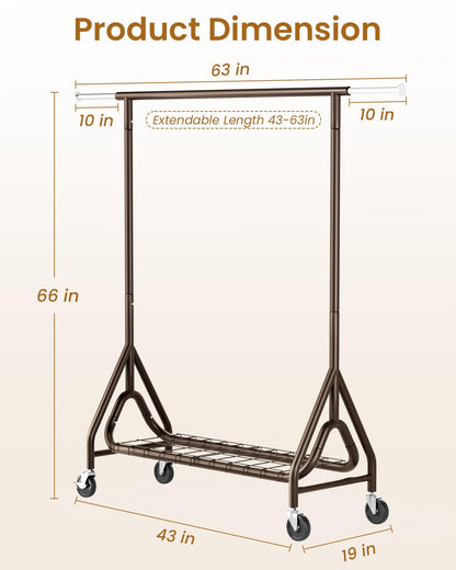 JIEJIERUI Heavy Duty Clothing Rack, Metal Clothes Rack Load 450 LBS, Rolling Coat Racks for Hanging Clothes with Lockable Wheels, Wardrobe Closet Garment Racks for Bedroom, Brown