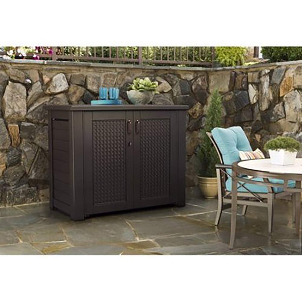 Rubbermaid Decorative Outdoor Storage Cabinet (123 Gal), Weather Resistant, Brown, Organization for Home/Backyard/Pool Chemicals/Toys/Garden Tools/Porch/Patio Cushions