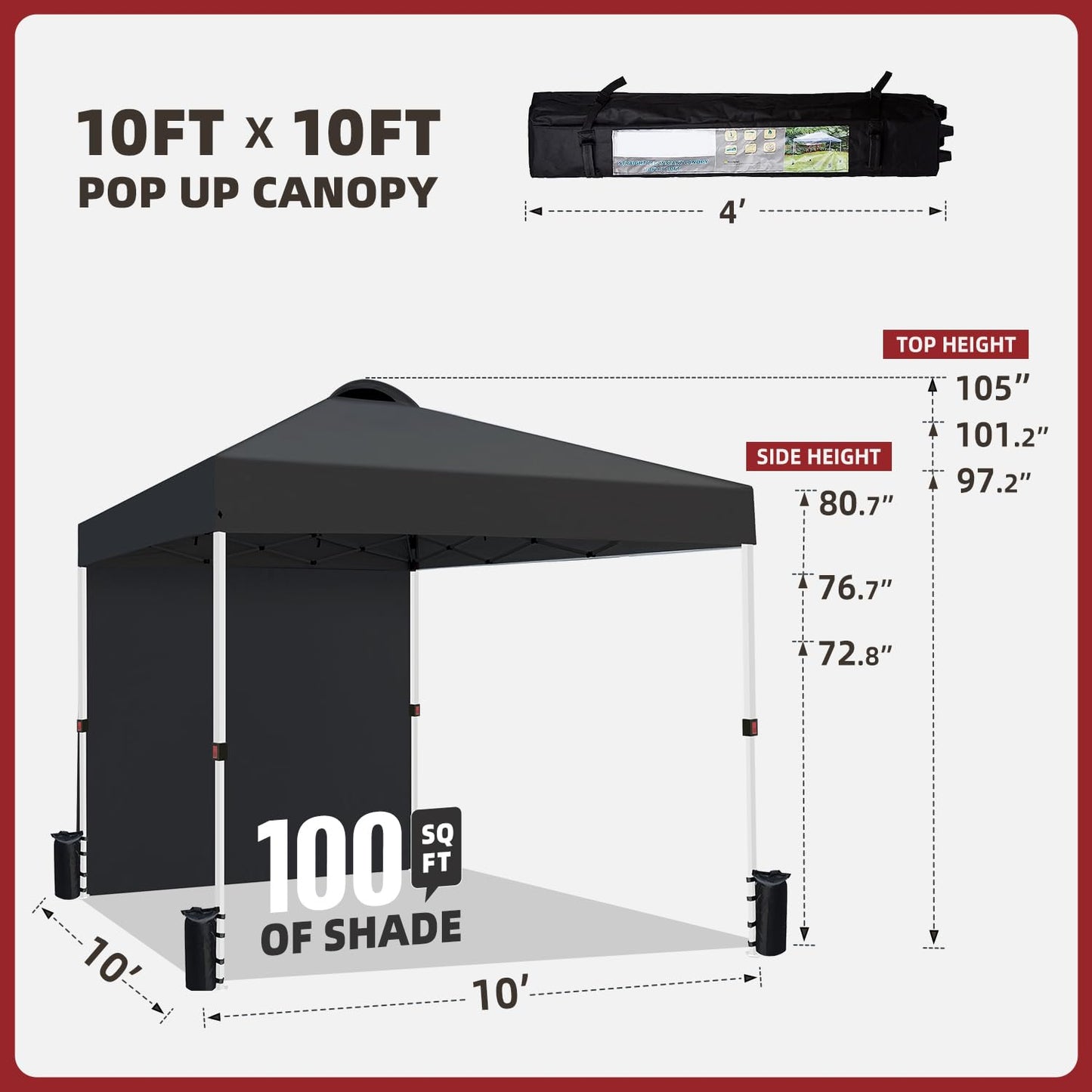 VOYSIGN Durable 10 x 10 Pop-up Canopy Tent with 1 Sidewall, Portable Instant Camping Beach Canopy Tents, Black