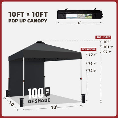VOYSIGN Durable 10 x 10 Pop-up Canopy Tent with 1 Sidewall, Portable Instant Camping Beach Canopy Tents, Black