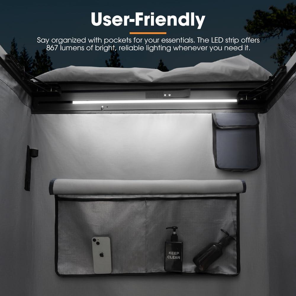SanHima Awning Shower Tent with 90° Swing Arm - Car Side Shower Room w/LED Light, Camping Waterproof Portable Privacy Shelter Bathroom Overland, Gray