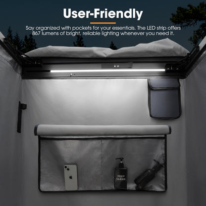 SanHima Awning Shower Tent with 90° Swing Arm - Car Side Shower Room w/LED Light, Camping Waterproof Portable Privacy Shelter Bathroom Overland, Gray