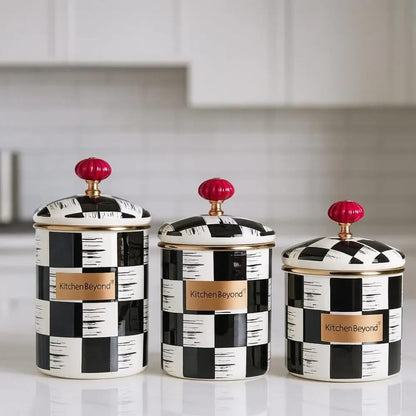 Fairturk Black and White Checkerboard Enamel Canister Set with Red Knob, 3-Piece Cylindrical Food Storage Jars, Set of 3-33/26/24 oz