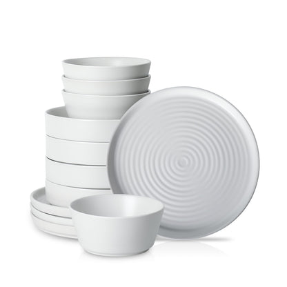 Stone Lain Elica 12-Piece Modern Dinnerware Set Stoneware, Plates and Bowl Sets for 4, White