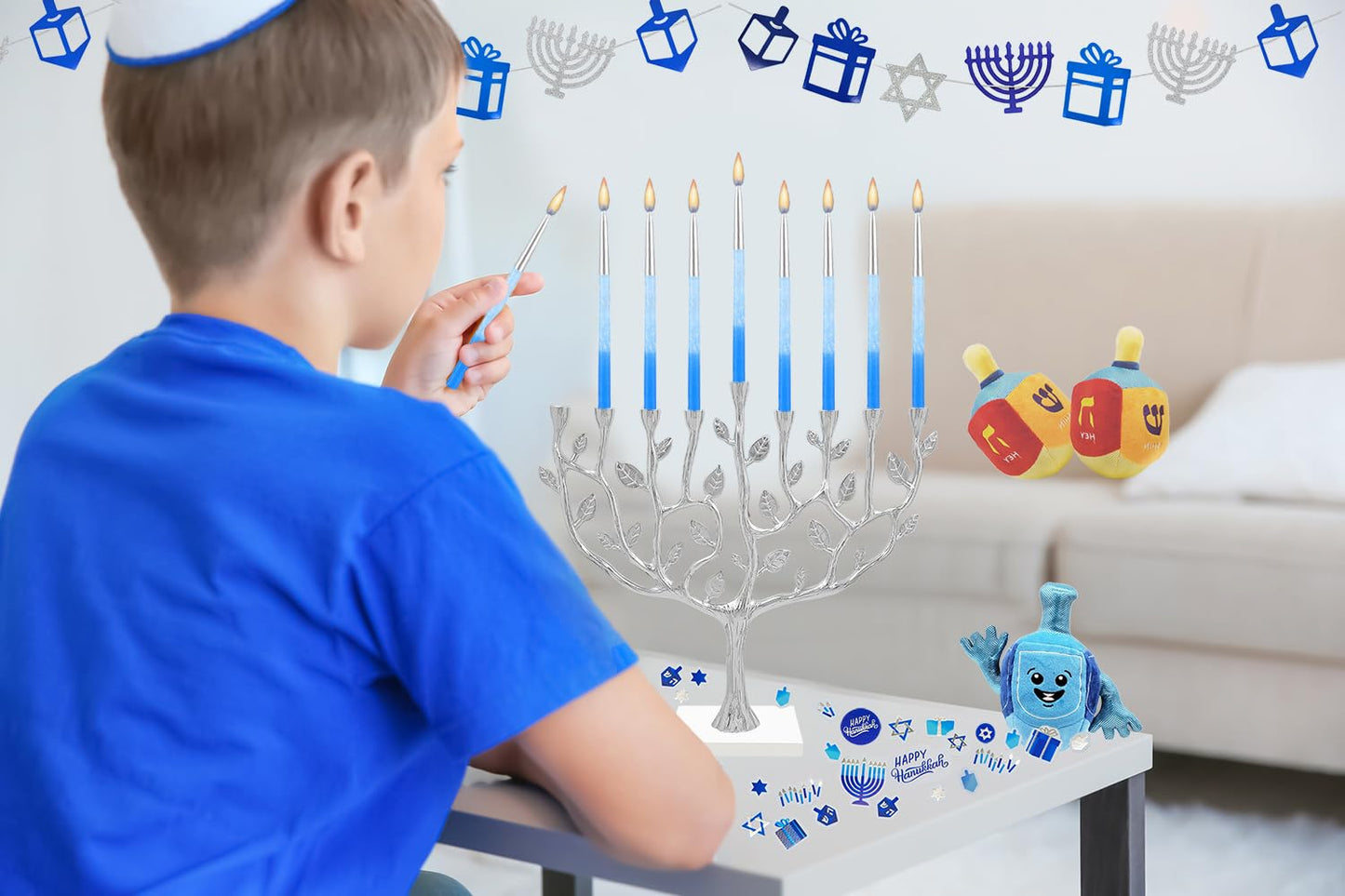 The Dreidel Company Deluxe Hanukkah Candles Metallic Silver with Blue Frost Hanukkah Frosted Premium Tapered Hand Decorated Chanuka Candles Set of 45. 1-Hour Burn Time