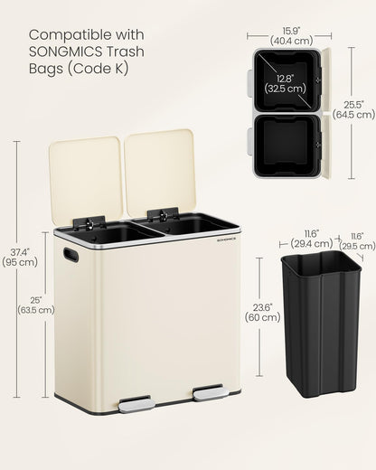 SONGMICS Trash Can, 2 x 10.6 Gallon (2 x 40 L) Garbage Can for Kitchen, with 15 Trash Bags, 2 Compartments, Plastic Inner Buckets and Hinged Lids, Airtight, Almond Color ULTB730A01V1