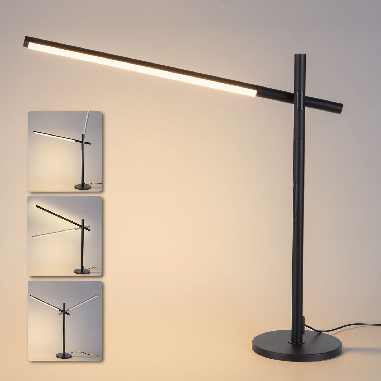 Tubicen Rotatable Desk Lamp 360° Adjustable Arm/Head 3 Colors 4- Level Touch Dimmable Plug-in Task Lamp Black 15W LED Modern Sleek Metal Desk Lamp for Bedroom Office Reading Studying
