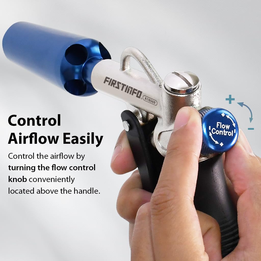 FIRSTINFO A18569US Adjustable Air Flow | Two-Way Taiwan Air Blow Gun with Higher Flow Nozzle | TPR Anti-slip Handle