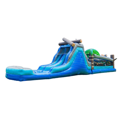 XJUMP 9’x 45’ x 13’ Tropical Long Inflatable Obstacle Course with Dual Lane Water Slide, Heavy Duty 15 PVC Vinyl, Wet/Dry Fun for Kids and Adults, with Large Mesh Windows for Easy Supervision