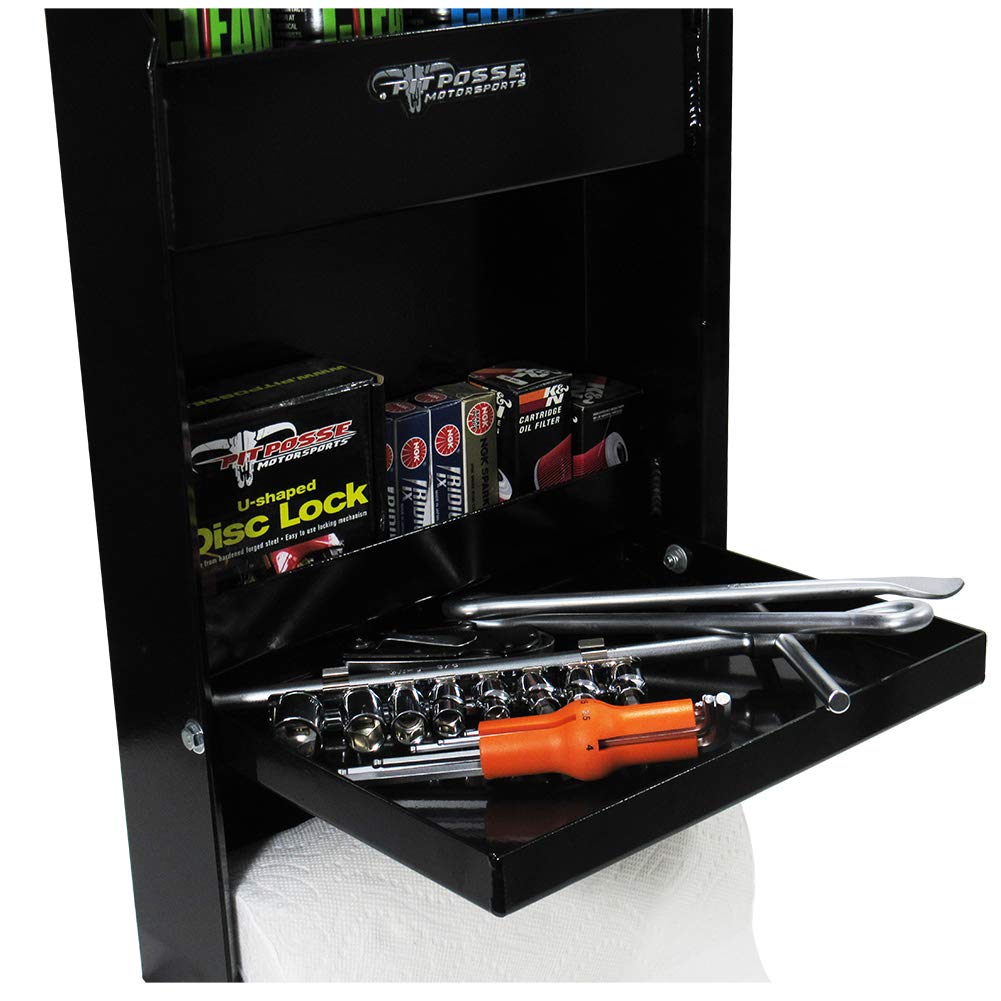 Pit Posse 458BK Jr Work Station Storage Cabinet Shelf Rack Holder Caddy - Made in USA - Garage Enclosed Race Trailer Automotive Mechanics Shop Storage Organizer Aluminum (Black)