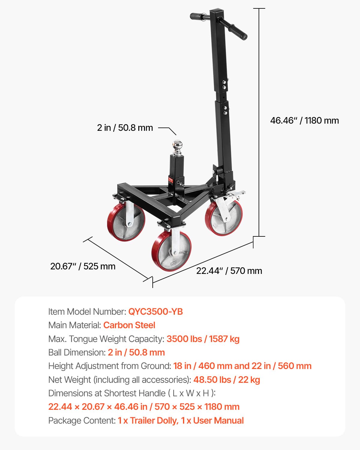 VEVOR Trailer Dolly, 3500lbs Tongue Weight Capacity, 18 inch and 22 inch Height Adjustable Trailer Dolly, with 2 inch Hitch Ball, Adjustable Handle Length, 8-inch Swivel Wheels, for Moving RV Trailer
