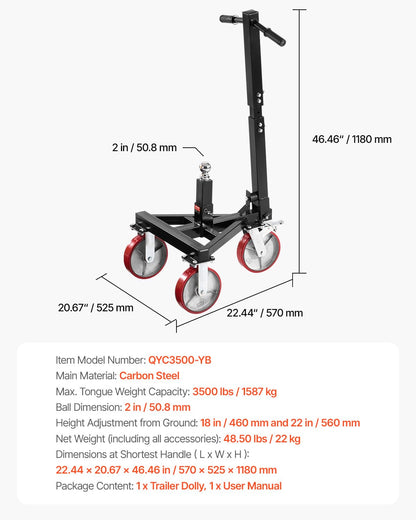 VEVOR Trailer Dolly, 3500lbs Tongue Weight Capacity, 18 inch and 22 inch Height Adjustable Trailer Dolly, with 2 inch Hitch Ball, Adjustable Handle Length, 8-inch Swivel Wheels, for Moving RV Trailer