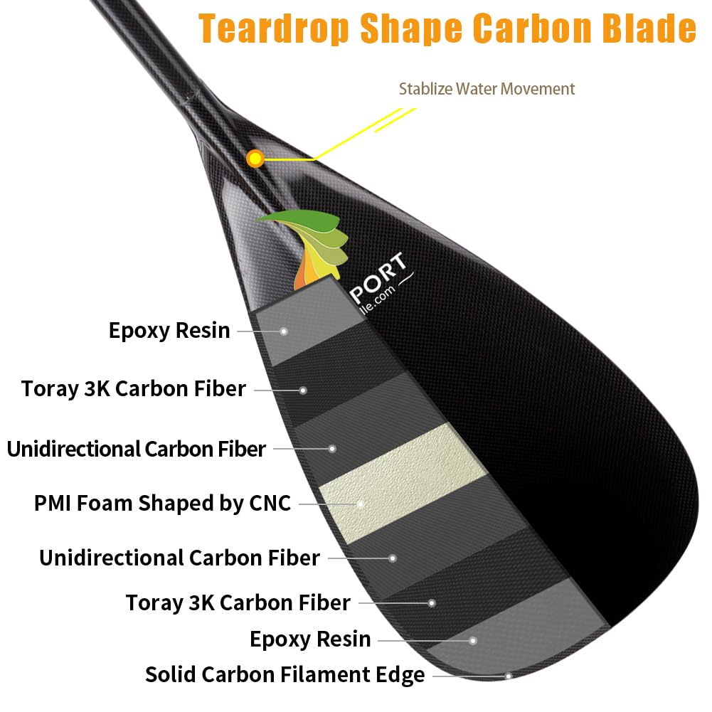 Z&J SPORT Hybrid Outrigger Paddle, Teardrop Shape Carbon Blade Wooden Bent Shaft for Waka AMA, va’a (S,52")